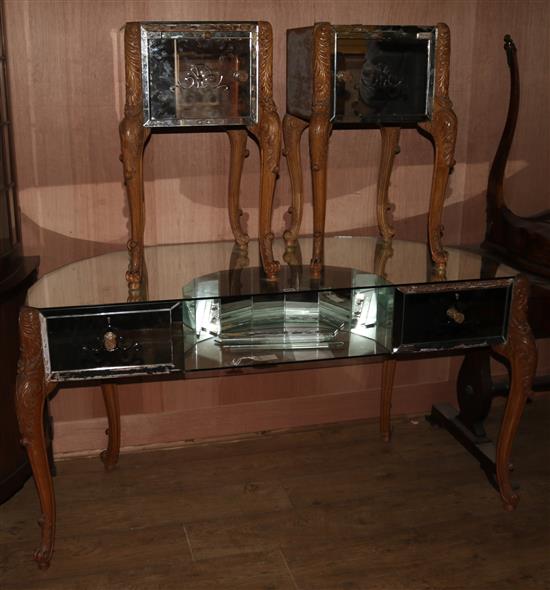 A 1930s mirrored walnut dressing table & pair cabinets